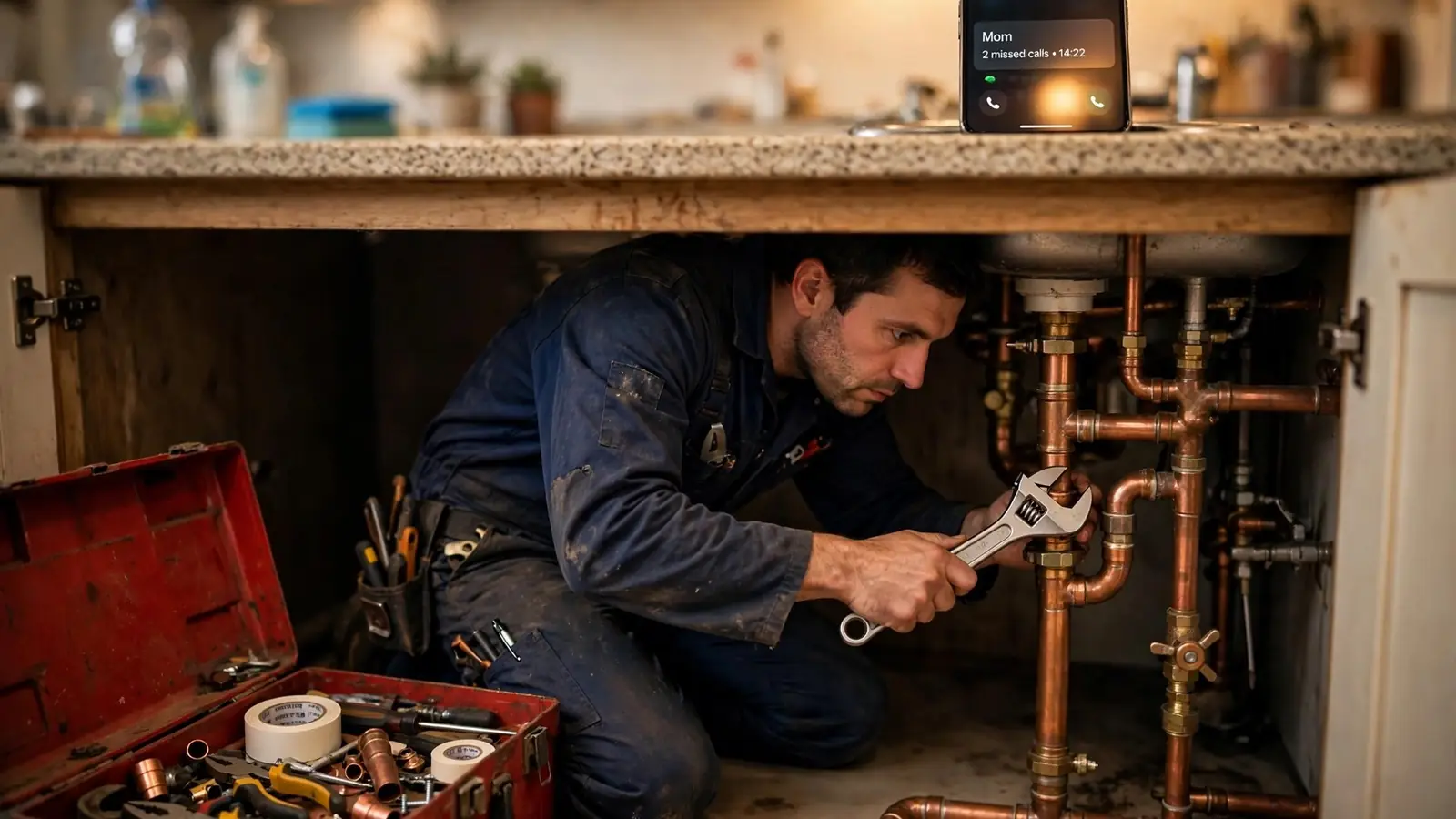 A plumber working under a kitchen sink while a missed call glows on a phone nearby