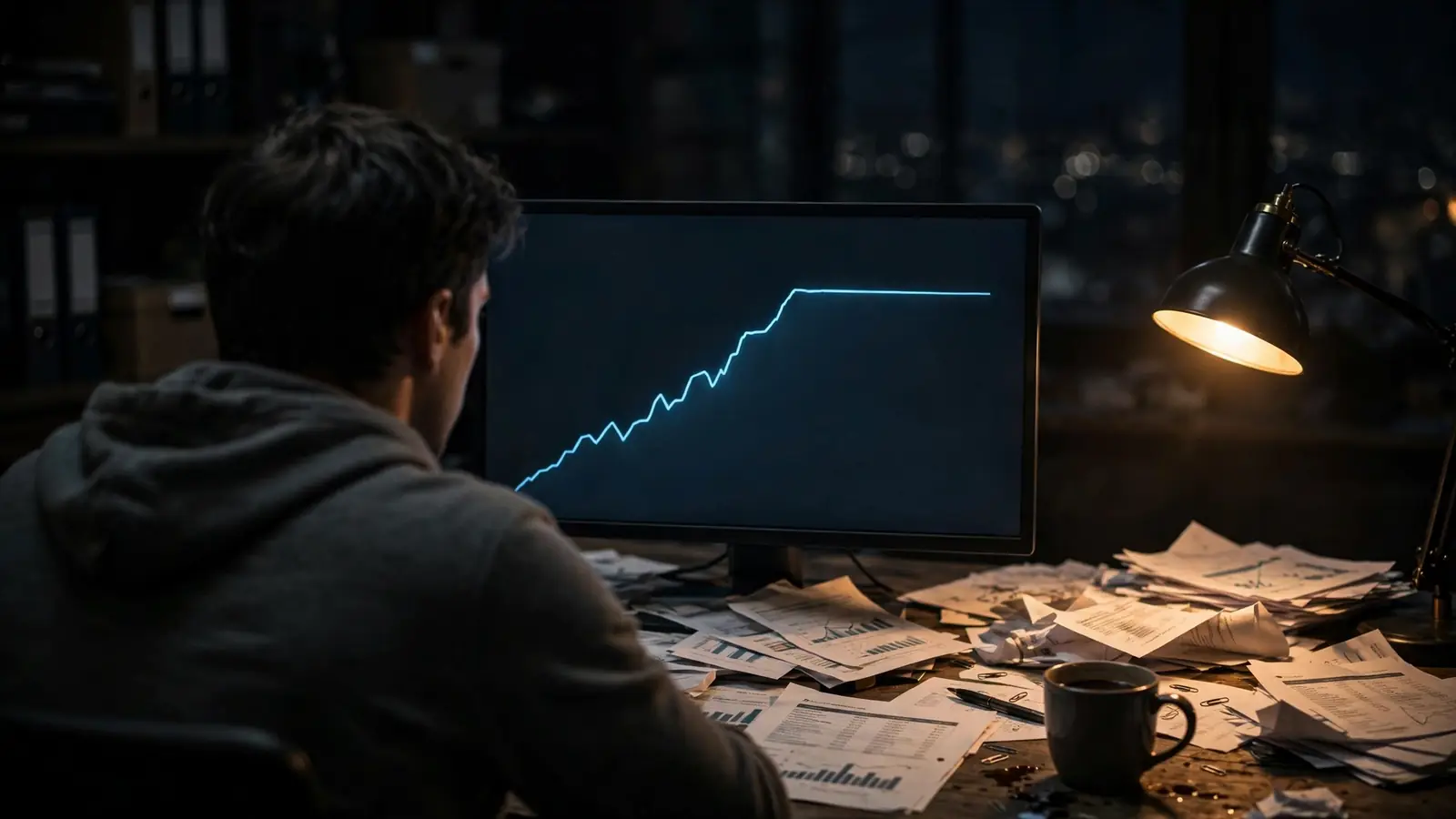 A founder alone at night staring at a revenue chart that has gone flat