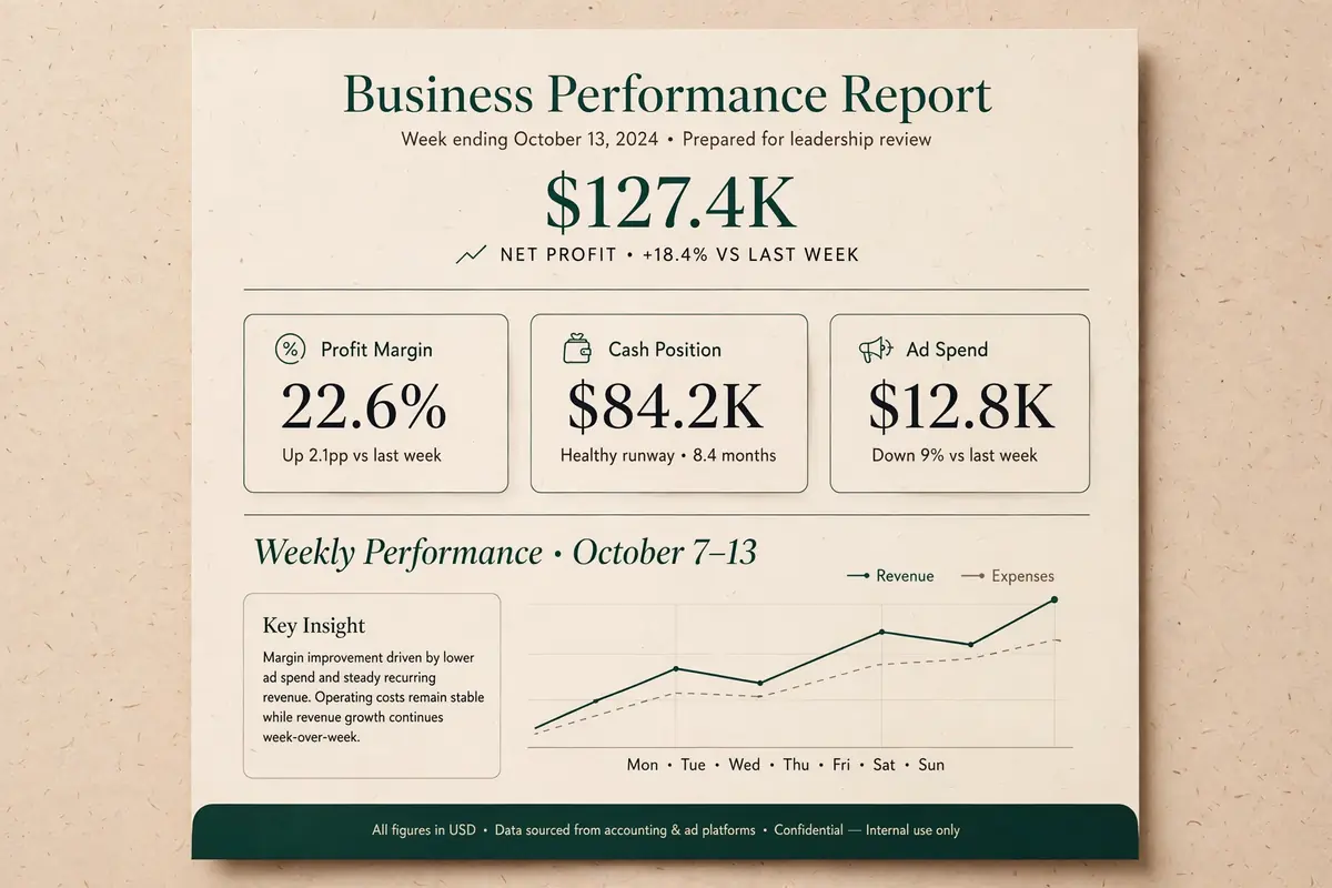 Numbers outcome report: plain-language margin, cash and spend summary